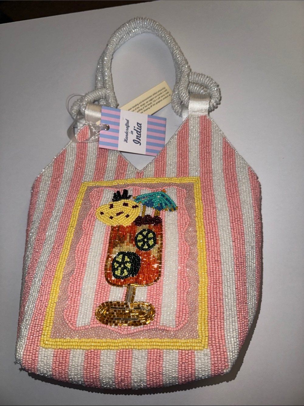 Beaded Pink & White Stripe Cocktail Tote